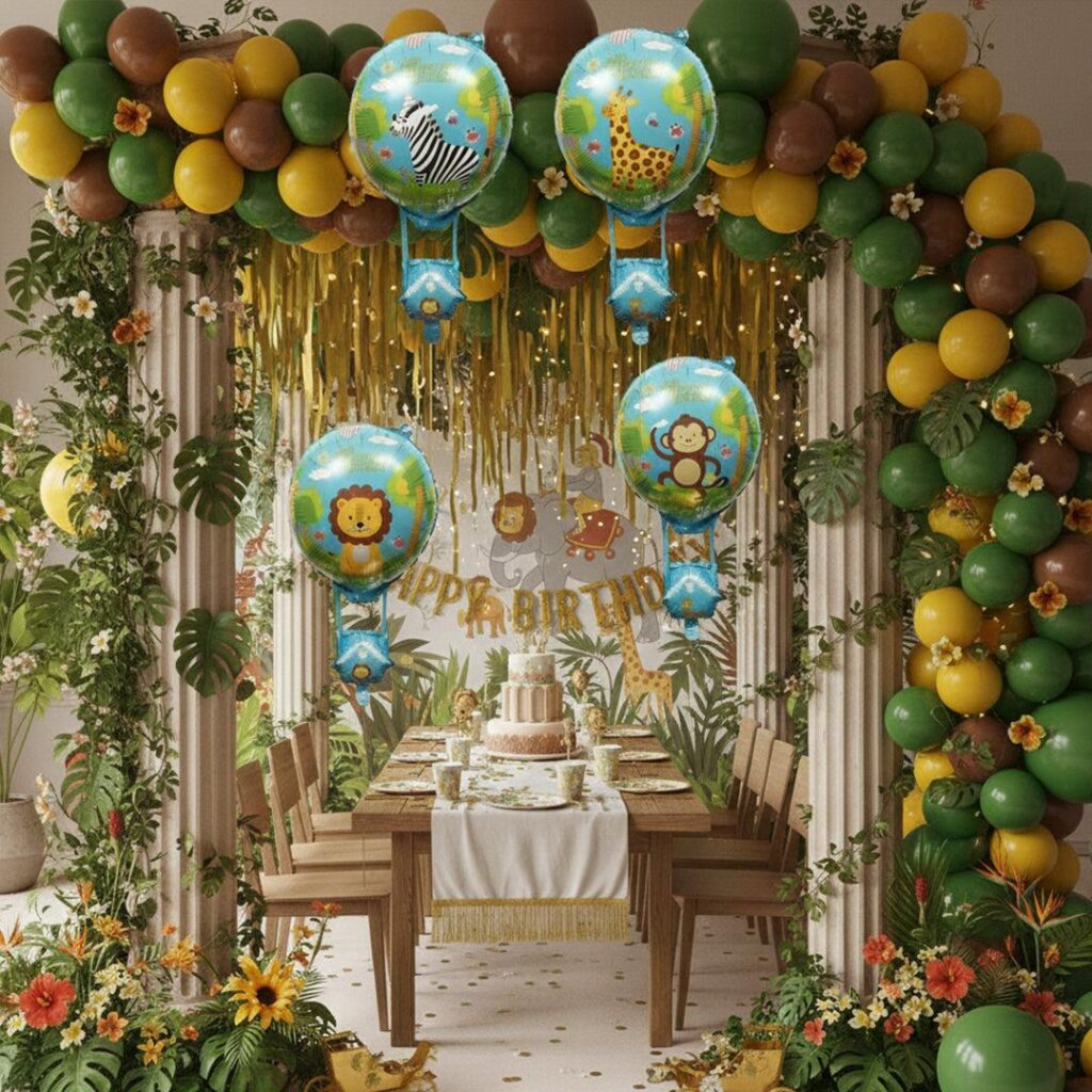Birthday Party Decorations with Balloons and leaves